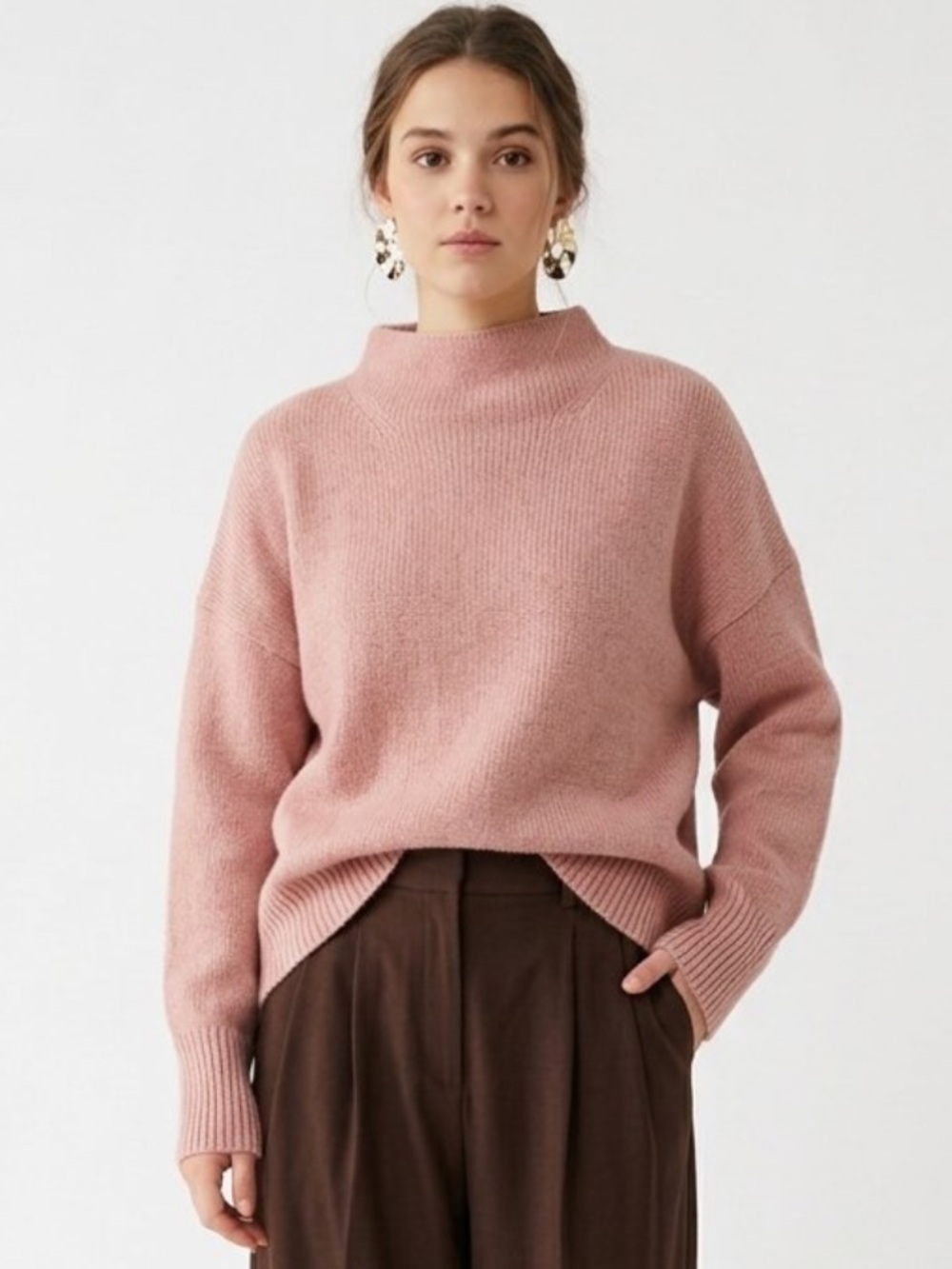 New Vince Cashmere Wool Mock Funnel Neck Relaxed Fit Sweater Large Blush Pink
